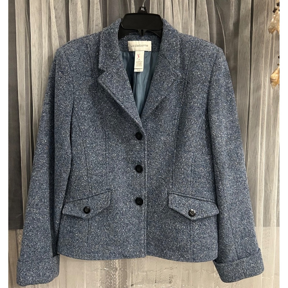 Vintage Liz Claiborne Blue Tweed Blazer Jacket Women M Lined
3 button